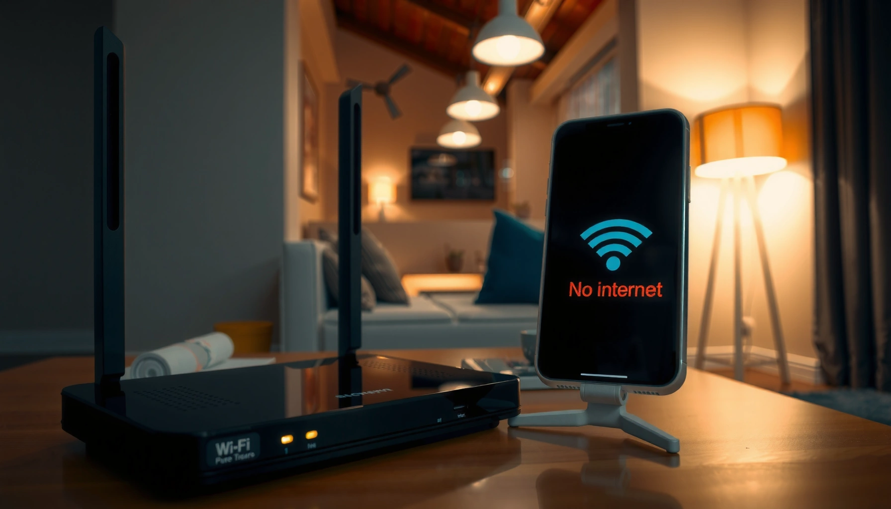 Illustration showing common causes of Wi-Fi saying no internet and possible fixes.