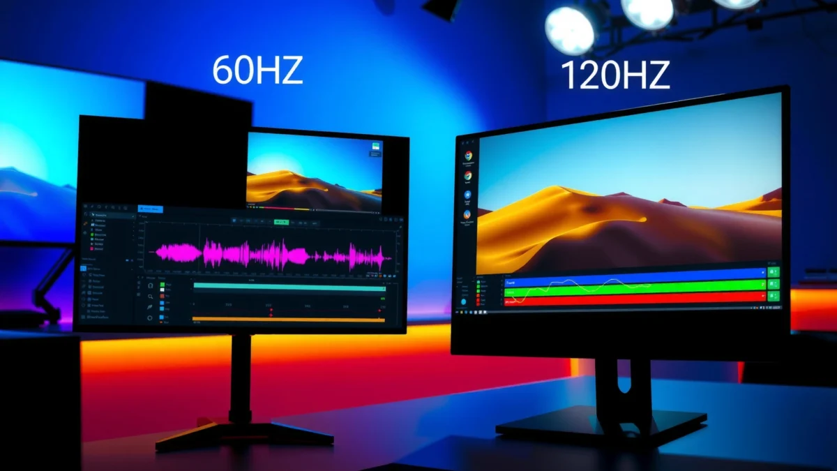 Comparison of 60Hz and 120Hz refresh rates for video editing performance.