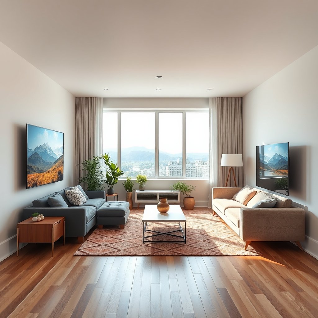 Comparison of 65-inch and 75-inch TVs in a medium room setting, highlighting viewing distance and size impact.