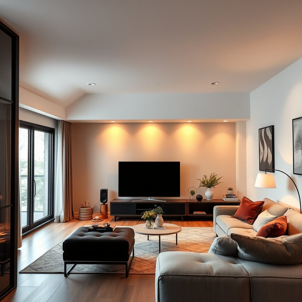 A cozy basement TV setup highlighting key features for optimal viewing experience.