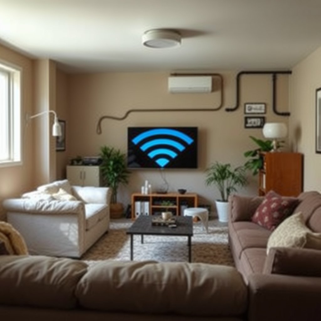 Illustration showing the challenges of Wi-Fi coverage in basements and the need for more than just a mesh node.