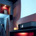 A home theater setup featuring the best projectors for beginners with a screen and cozy seating.