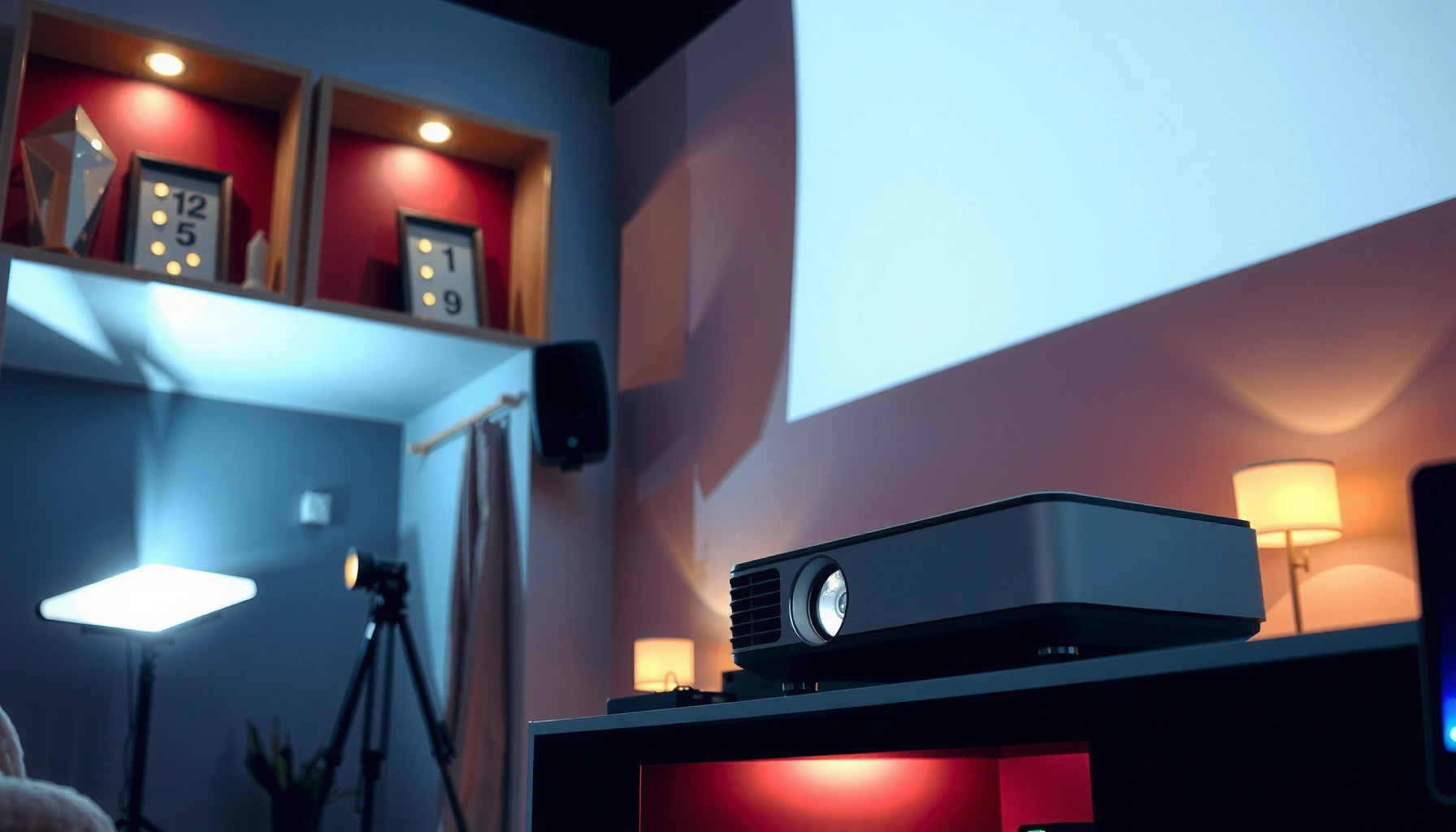 A home theater setup featuring the best projectors for beginners with a screen and cozy seating.
