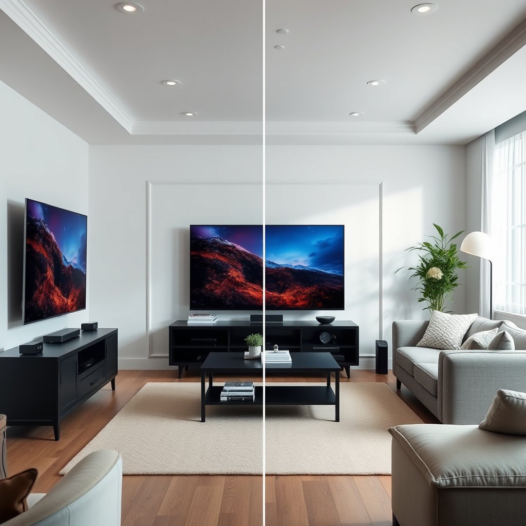 Infographic showing recommended TV sizes for different room types and layouts