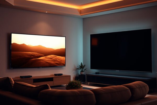 Comparison of a bright living room TV and a dark theater TV showcasing picture quality differences.