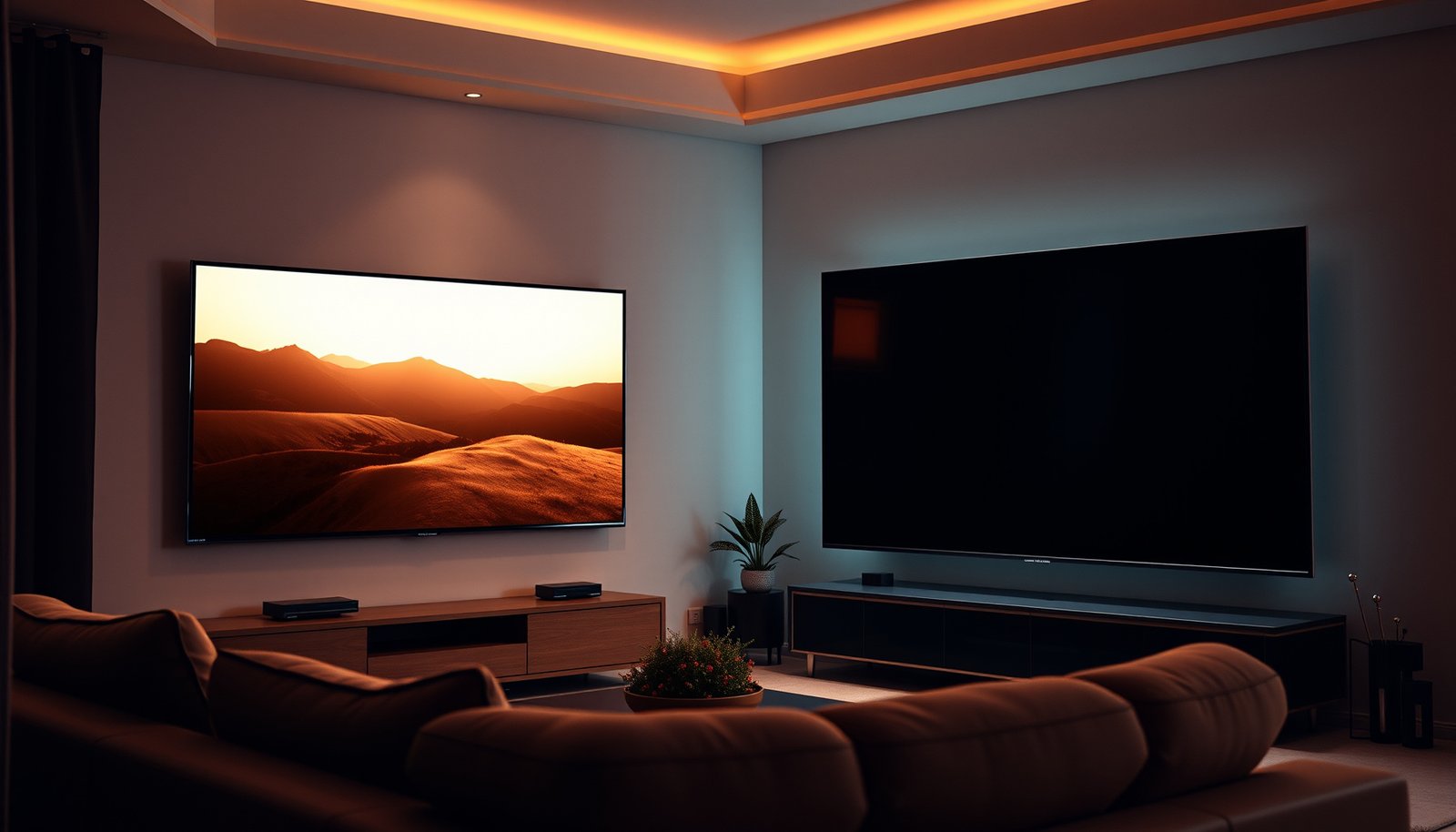 Comparison of a bright living room TV and a dark theater TV showcasing picture quality differences.
