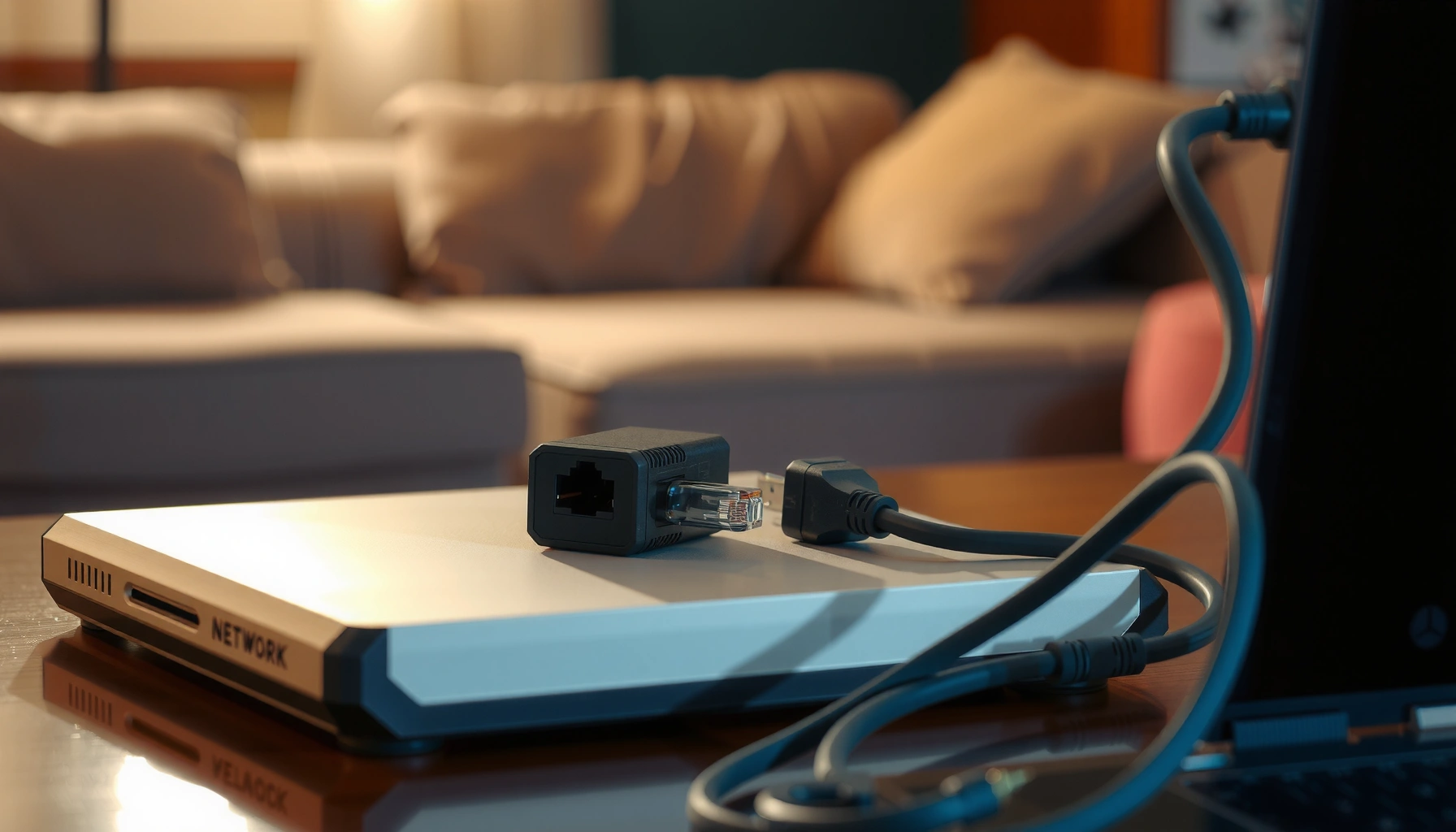 Illustration of a cable modem with troubleshooting tips for no internet and slow speeds