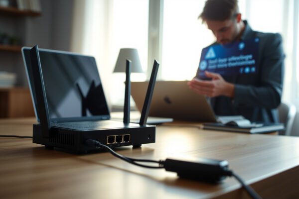 Illustration of checking router security advisories for safer updates and better network protection.