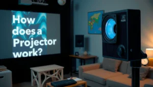 A projector displaying common issues and solutions in a troubleshooting guide.