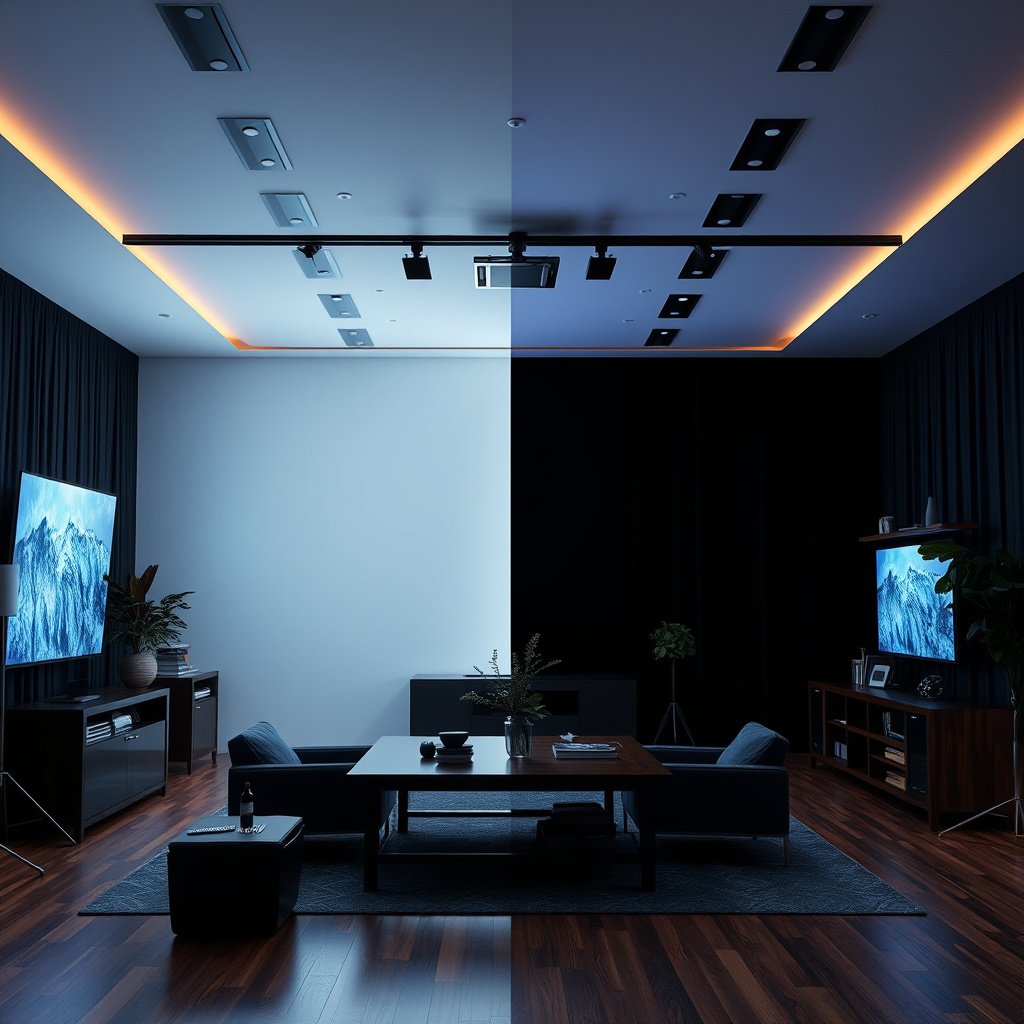 Comparison of OLED and QLED panel performance in dark rooms, highlighting blacks and contrast.