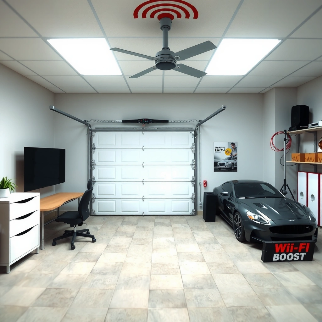 A person using a laptop to diagnose Wi-Fi problems in a garage setting with tools and network equipment.