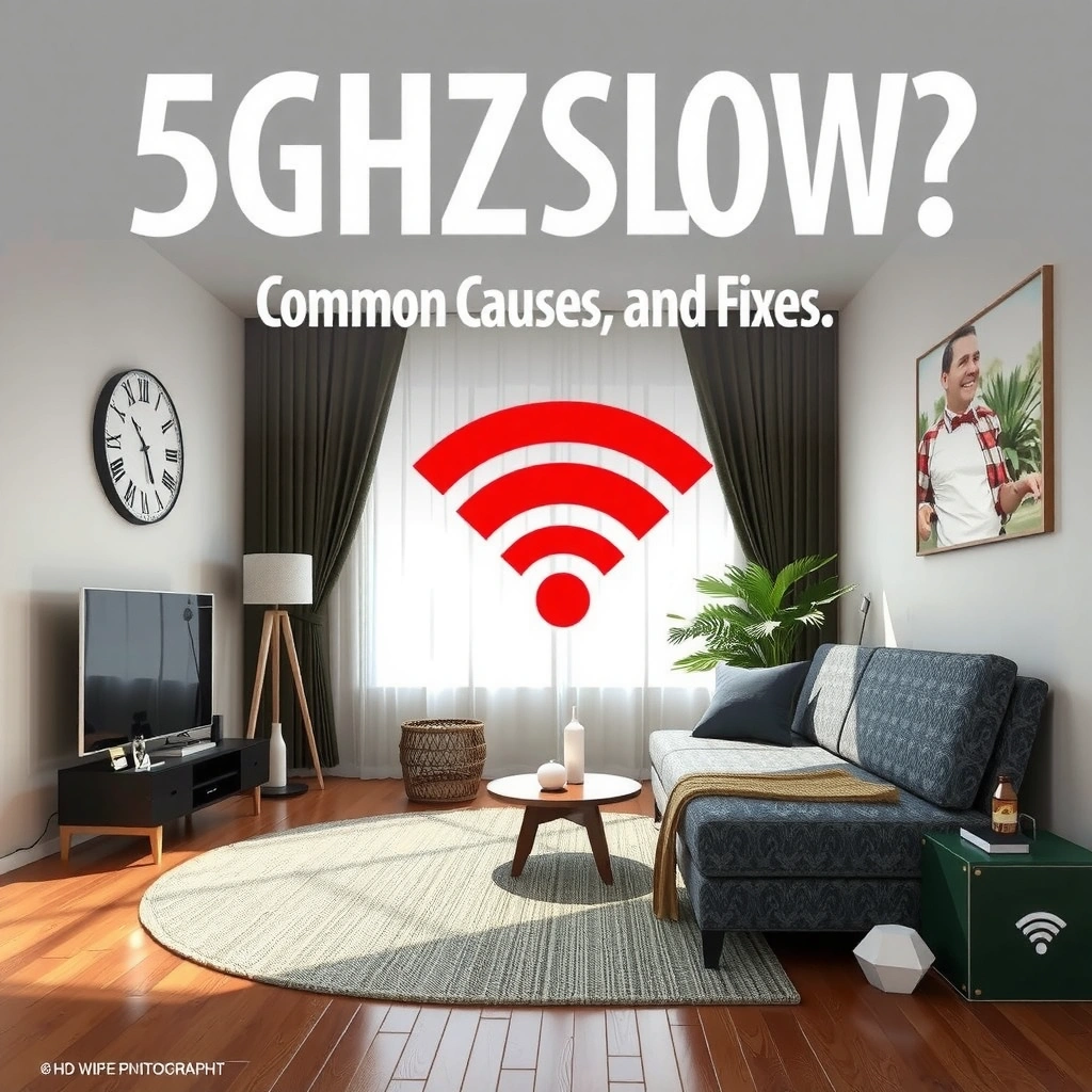 Illustration showing how distance and walls affect 5GHz Wi-Fi speed and performance.