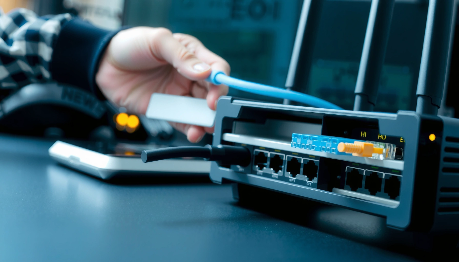 Illustration of fiber internet troubleshooting steps for fixing connection and speed issues.