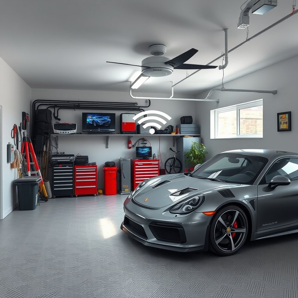 Illustration of garage layout highlighting connection needs for mesh Wi-Fi setup