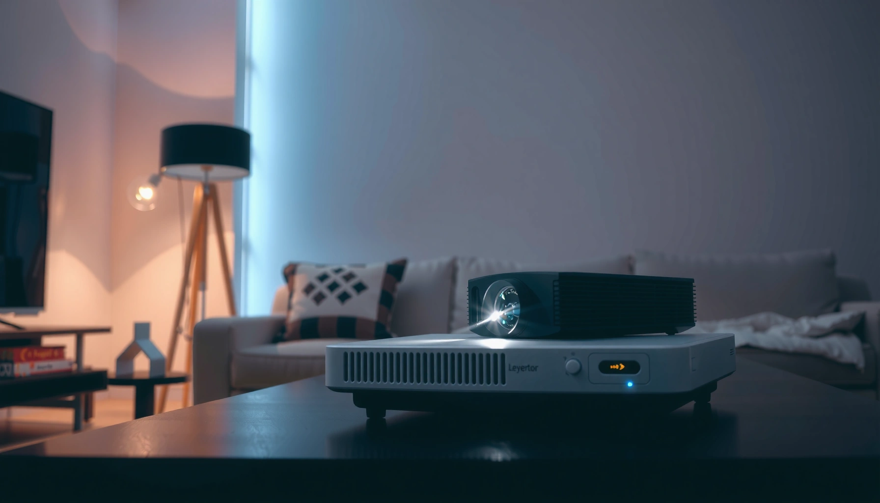 A home projector setup showcasing features to consider when buying a projector for home use.