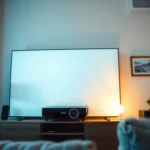 A home theater setup featuring a projector, screen, and comfortable seating for viewing movies.