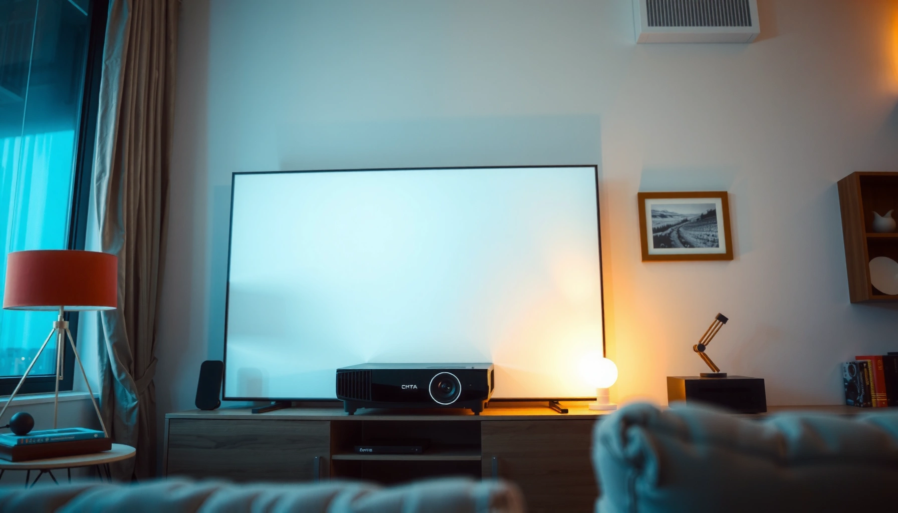 A home theater setup featuring a projector, screen, and comfortable seating for viewing movies.