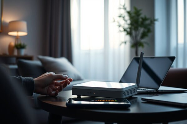 Illustration of secure home Wi-Fi network with router and devices for security guide