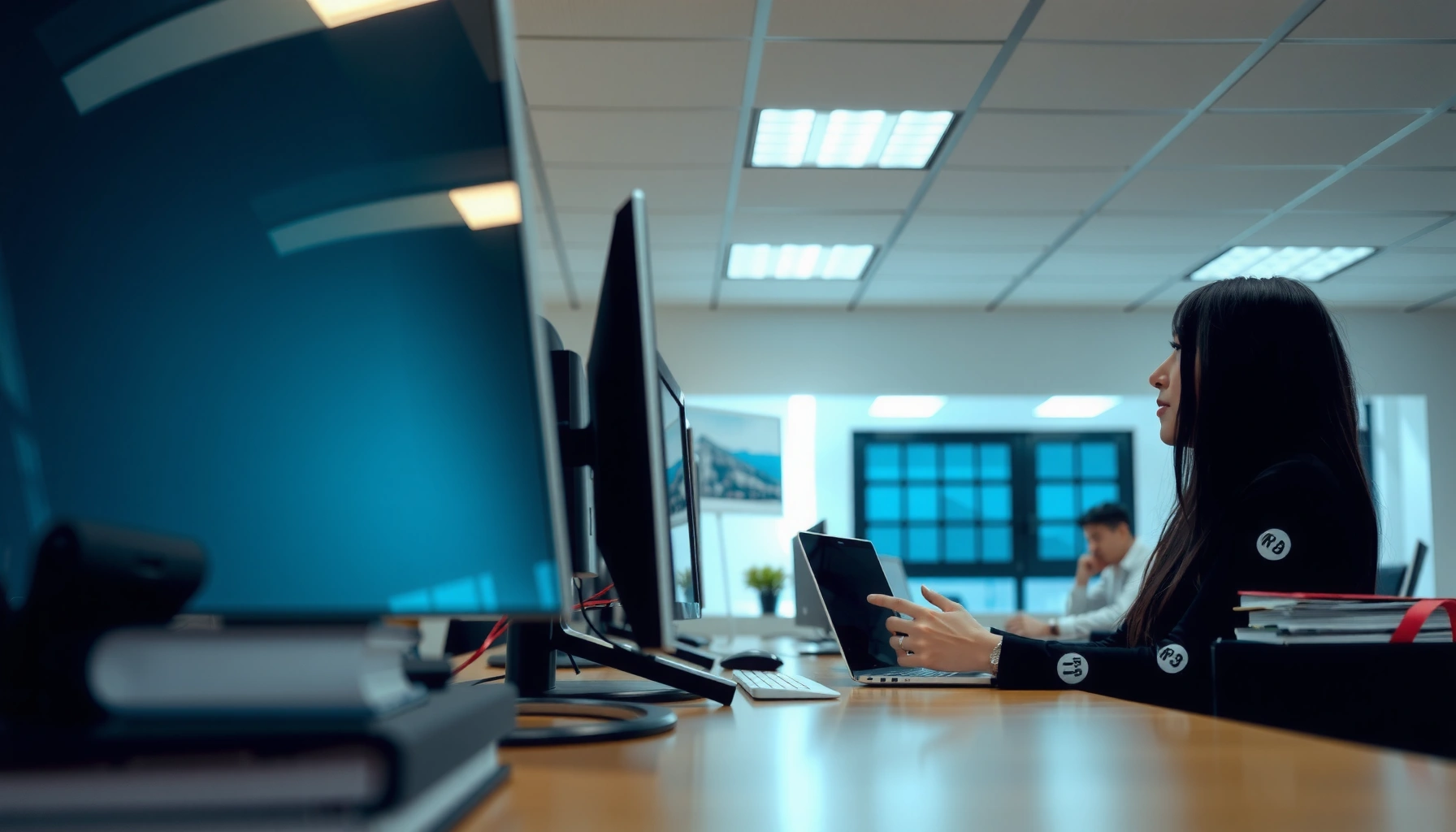 A modern office setup with Wi-Fi routers and devices, illustrating practical fixes to enhance Wi-Fi connectivity.