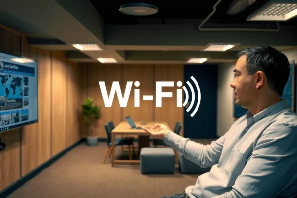 A person adjusting a Wi-Fi router to improve signal strength in a basement setting.