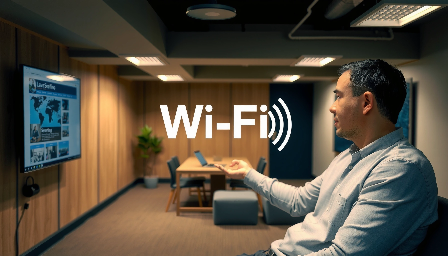 A person adjusting a Wi-Fi router to improve signal strength in a basement setting.