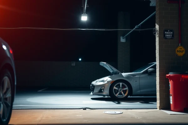 A person setting up a Wi-Fi extender in a garage to boost signal and speed.