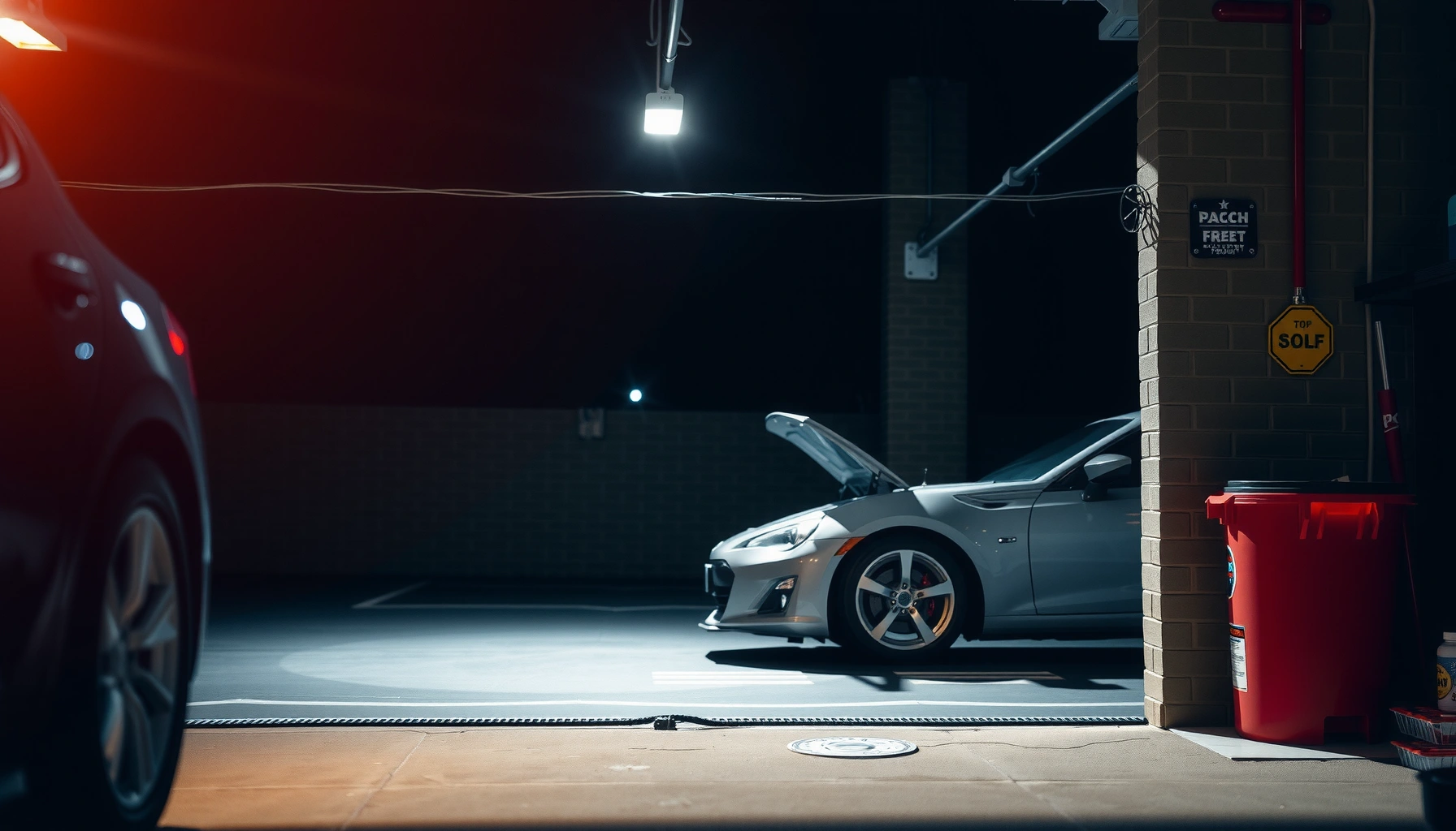 A person setting up a Wi-Fi extender in a garage to boost signal and speed.