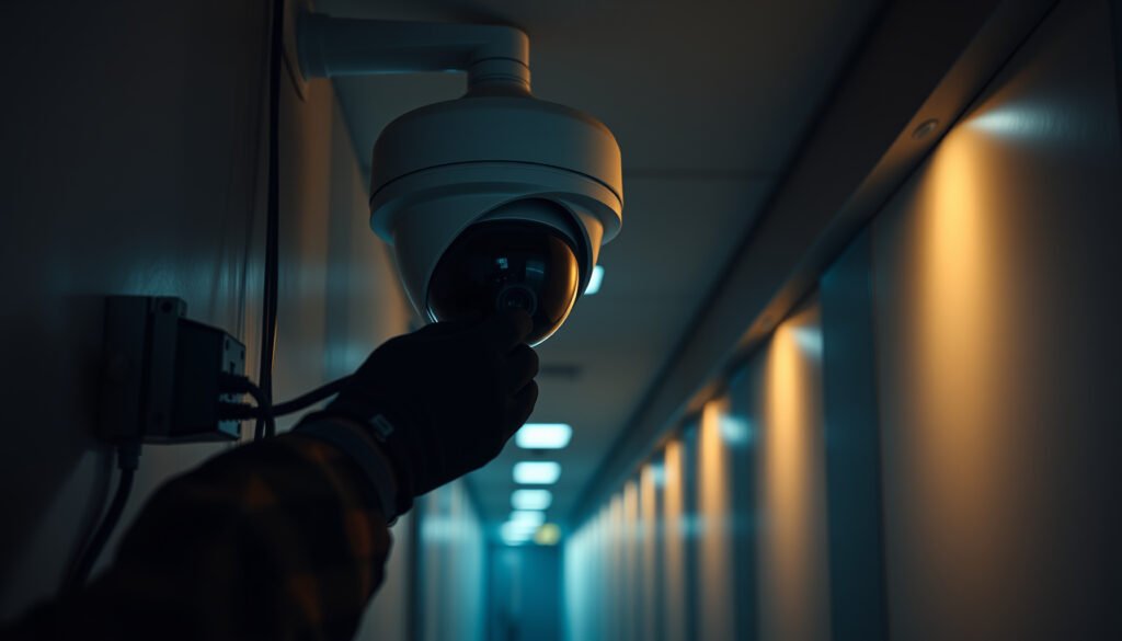 A diagram illustrating how to safely isolate security cameras' network and power connections.
