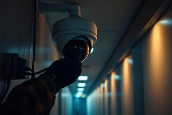 A diagram illustrating how to safely isolate security cameras' network and power connections.