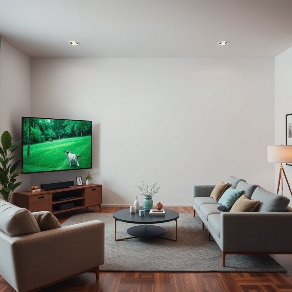 A diagram showing how to judge fit for a 50-inch vs 55-inch TV in a medium room layout.