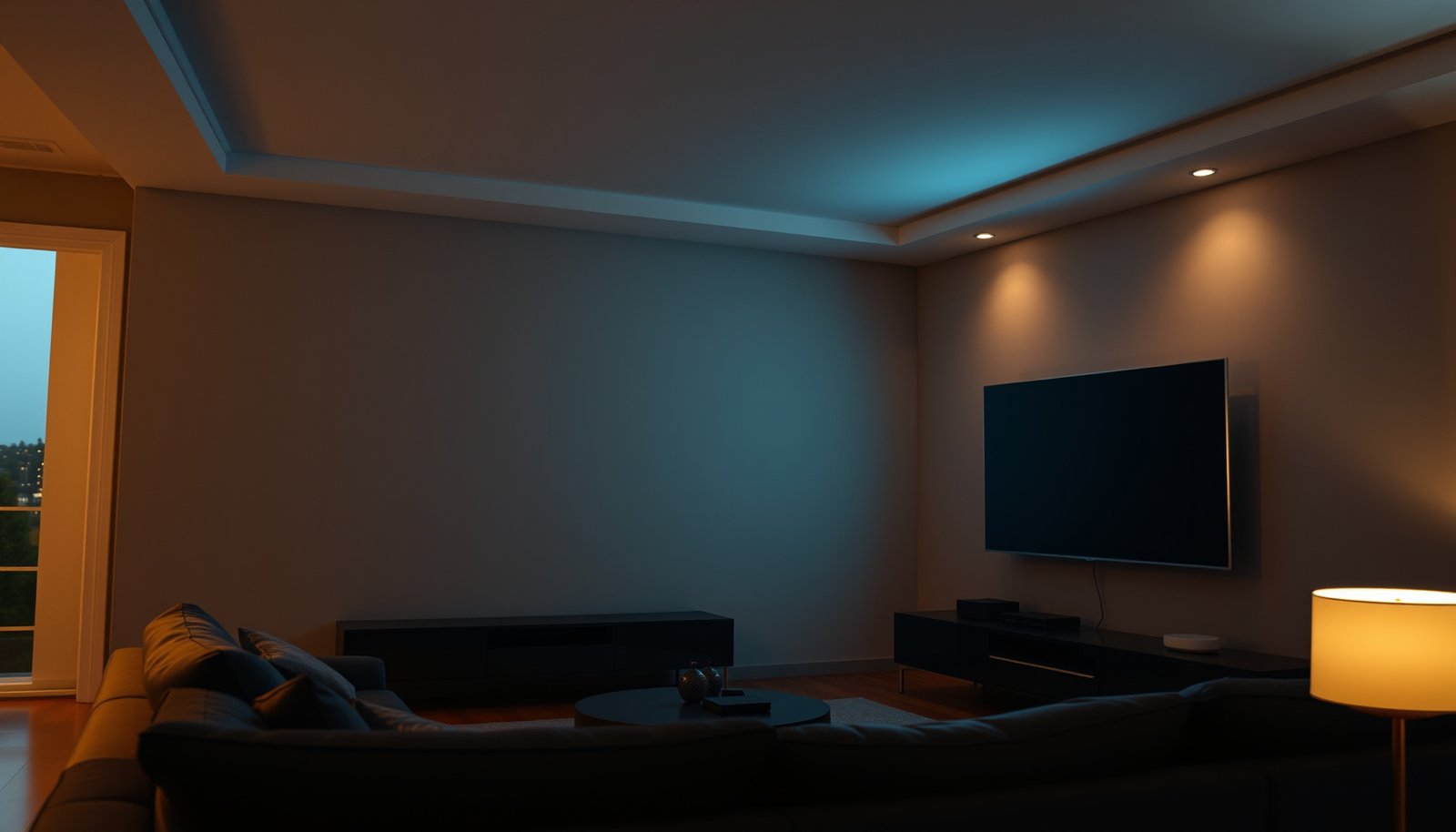 Comparison of a large TV and a projector in a spacious room for optimal viewing experience.