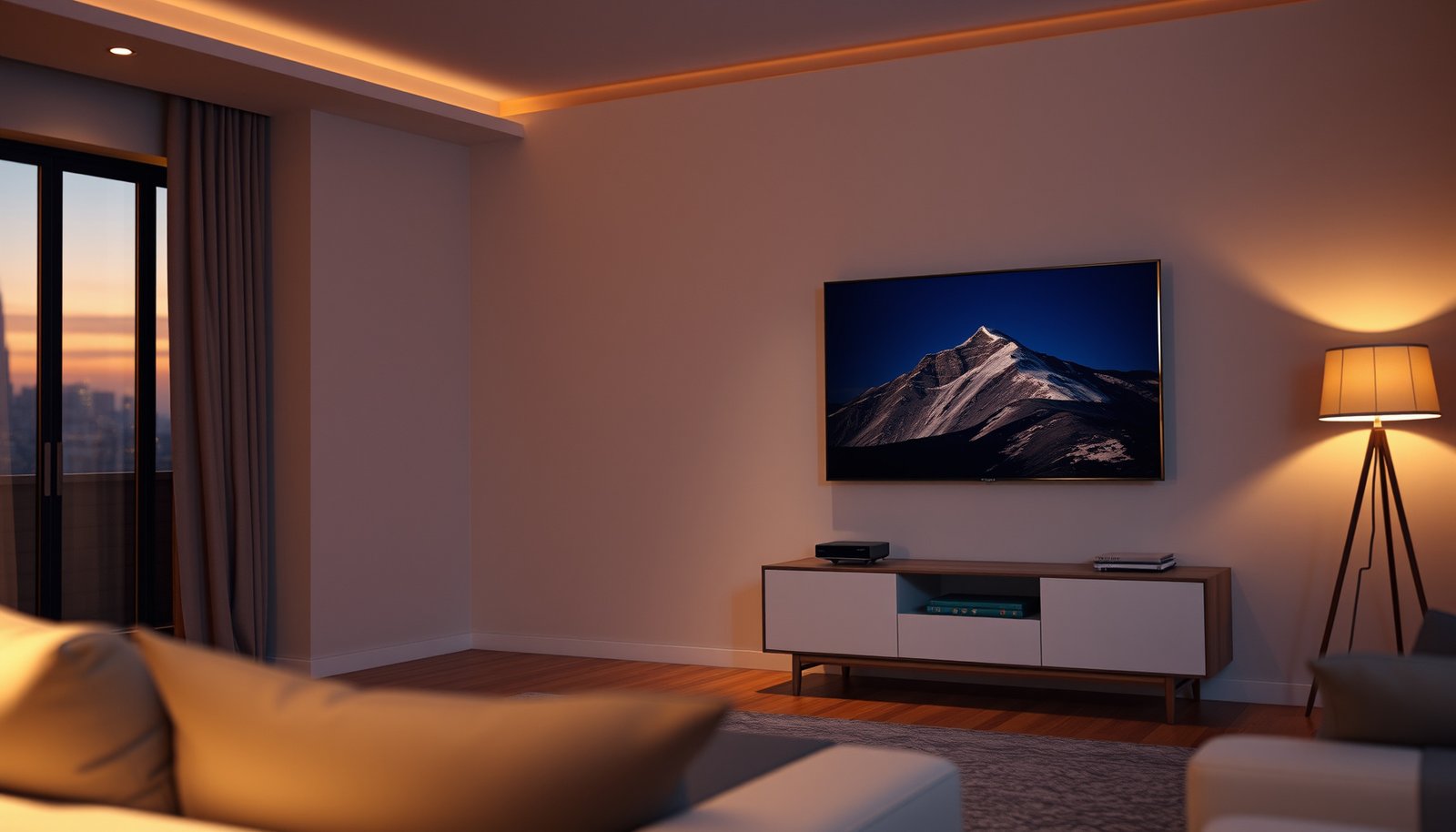 Comparison of a large TV and an ultra-short-throw projector in a living room setting.