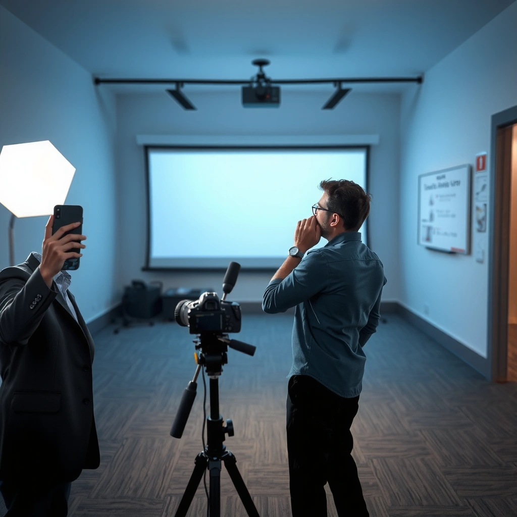 A person measuring throw distance and screen size for a projector setup.