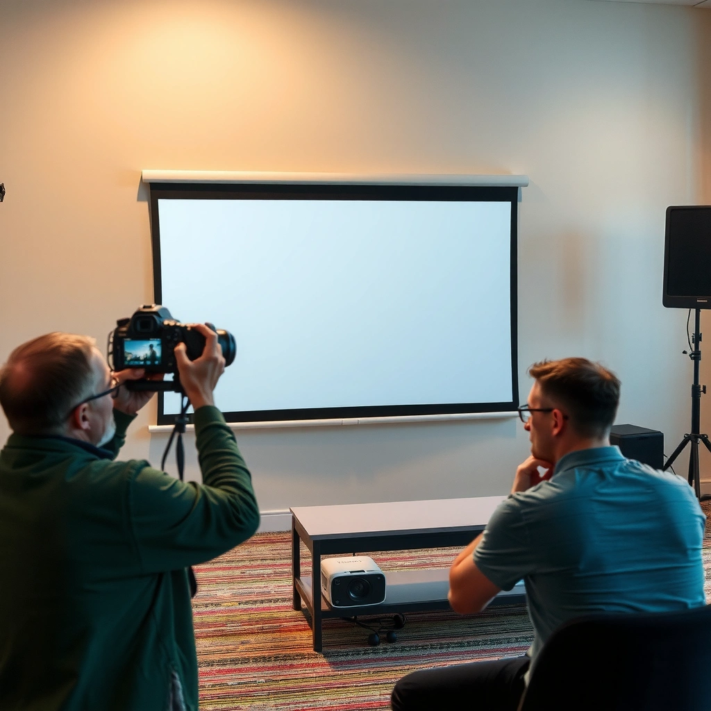 Person measuring a room for projector screen installation, ensuring correct dimensions.