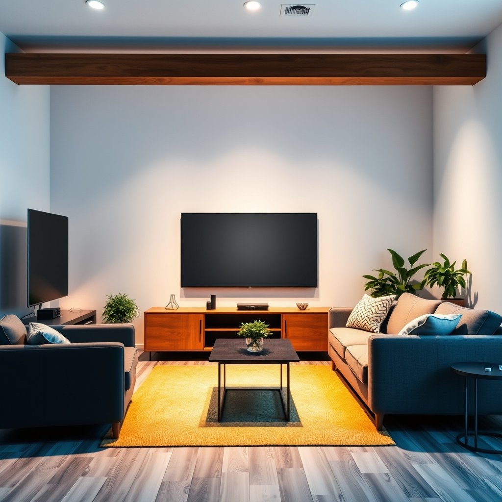 Measuring distance and clearance for TV size selection in a medium room setup.