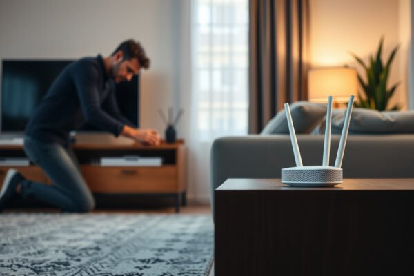 Illustration of mesh routers with a sizing guide for optimal home coverage