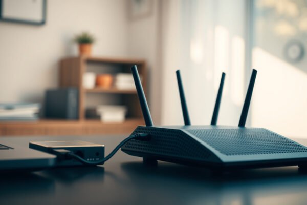 Illustration of mesh Wi-Fi system working with wired devices for seamless connectivity.