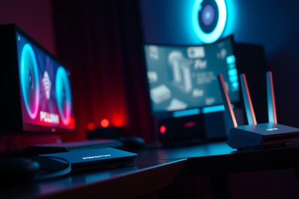 A setup of mesh Wi-Fi routers optimizing gaming experience for multiple players.