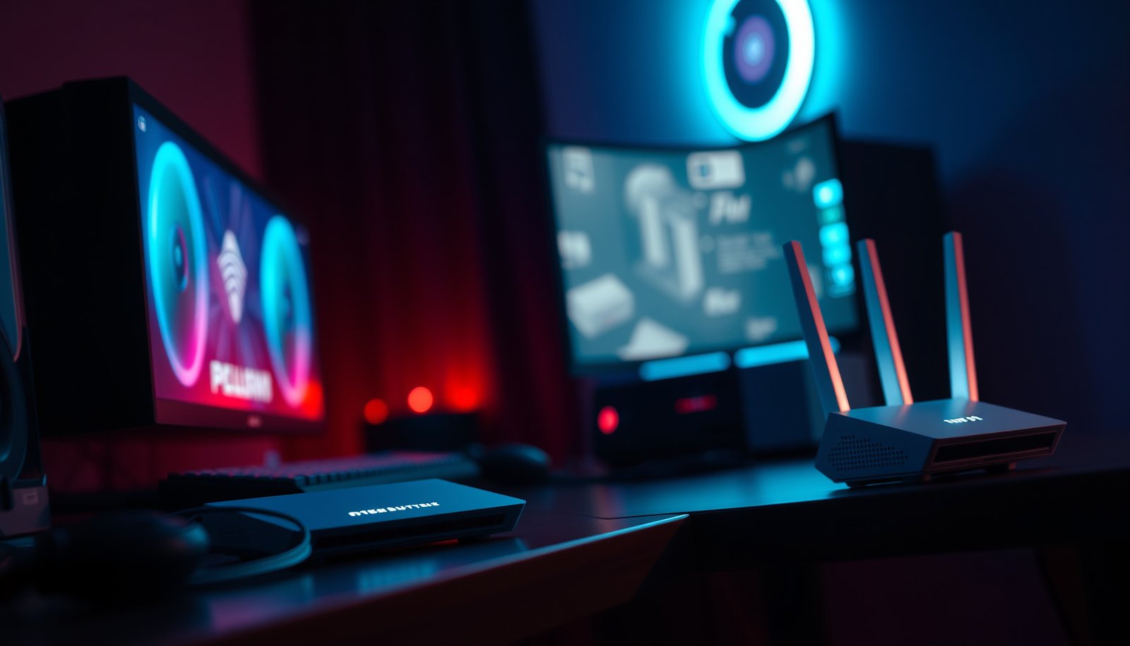 A setup of mesh Wi-Fi routers optimizing gaming experience for multiple players.