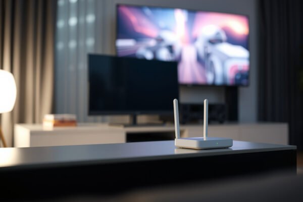 A gamer using a mesh Wi-Fi system for seamless online gaming experience.