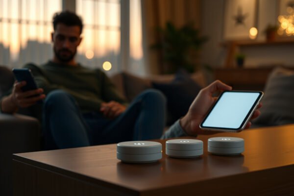 Illustration of mesh Wi-Fi system with guest network setup, showcasing connectivity and coverage.