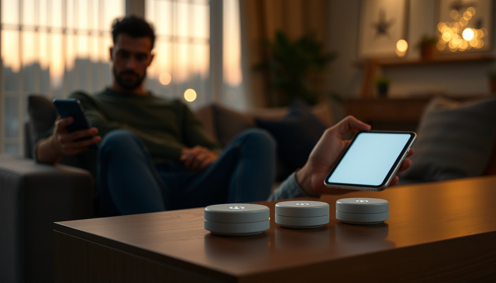 Illustration of mesh Wi-Fi system with guest network setup, showcasing connectivity and coverage.