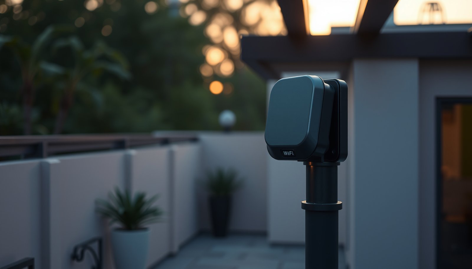 A mesh Wi-Fi system providing seamless outdoor internet coverage in a garden setting.