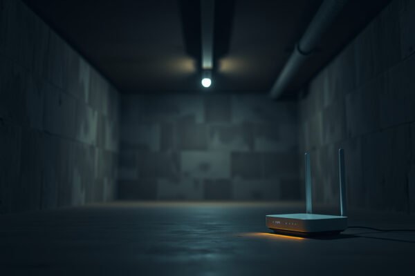 A modern mesh Wi-Fi system installed in a basement for improved internet coverage.