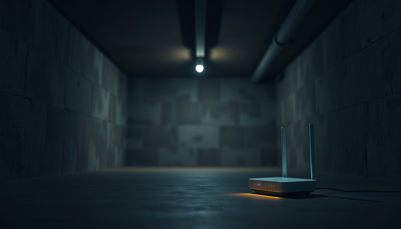 A modern mesh Wi-Fi system installed in a basement for improved internet coverage.