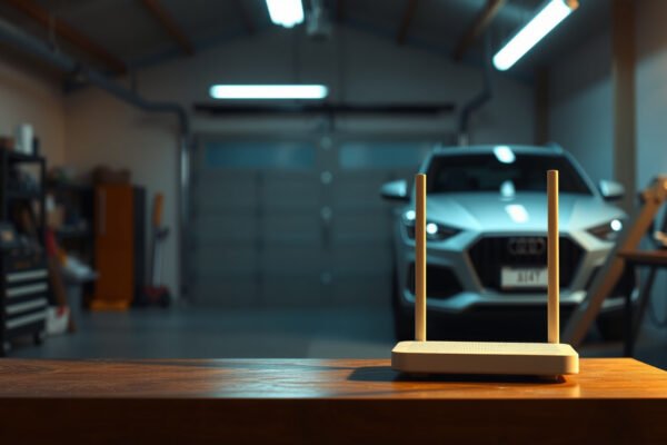 A modern garage equipped with mesh Wi-Fi technology for seamless connectivity.