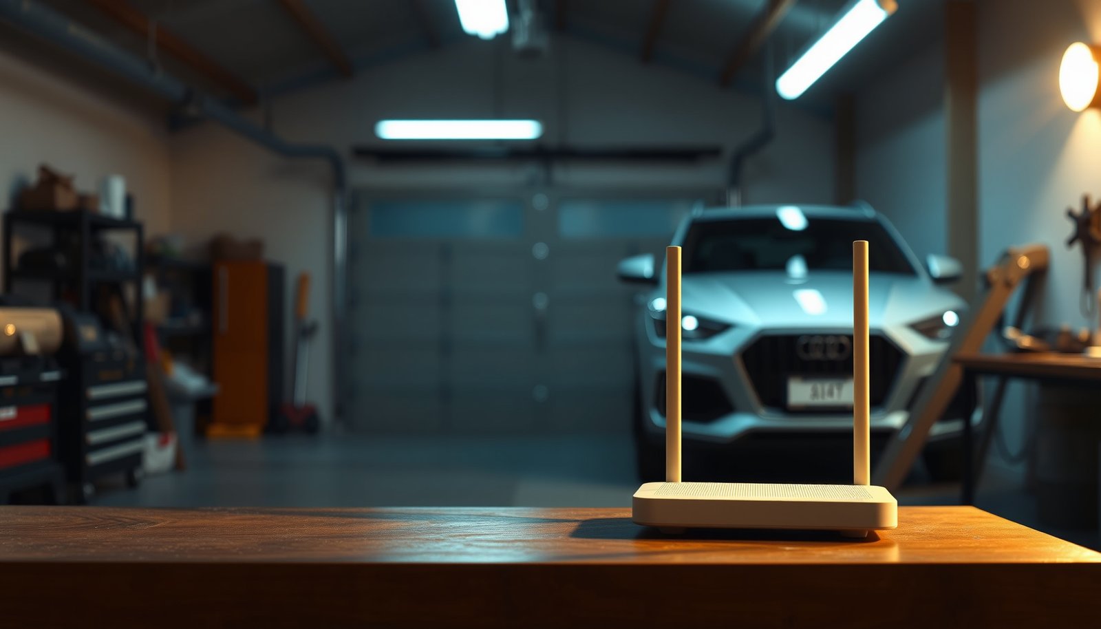 A modern garage equipped with mesh Wi-Fi technology for seamless connectivity.
