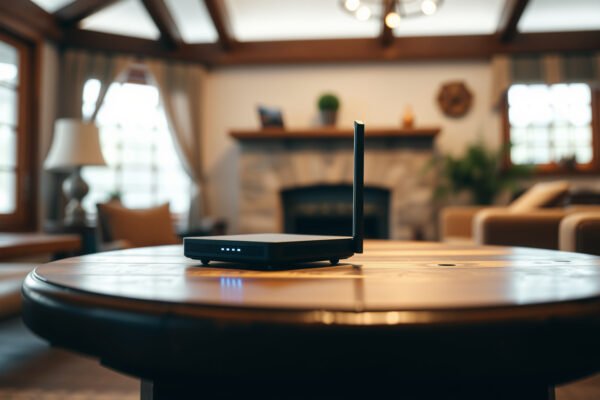 A modern mesh Wi-Fi system setup in a guest house for optimal connectivity.