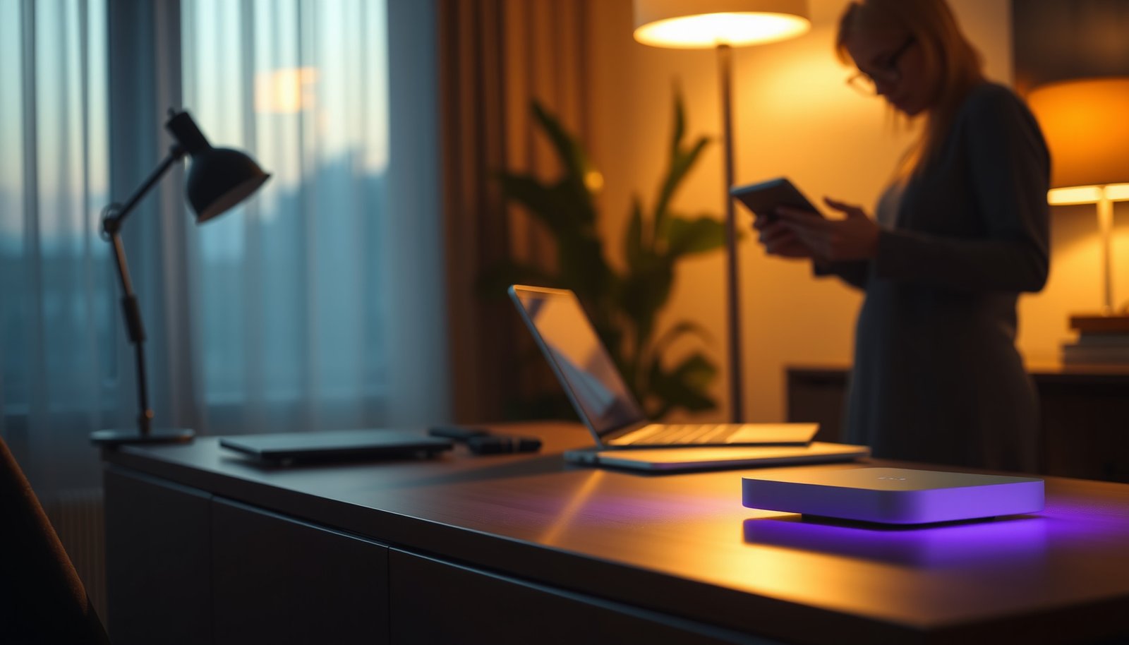 A modern home office setup featuring mesh Wi-Fi technology for seamless internet connectivity.