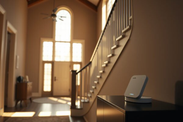 A three-story home with mesh Wi-Fi system illustrating seamless internet coverage.